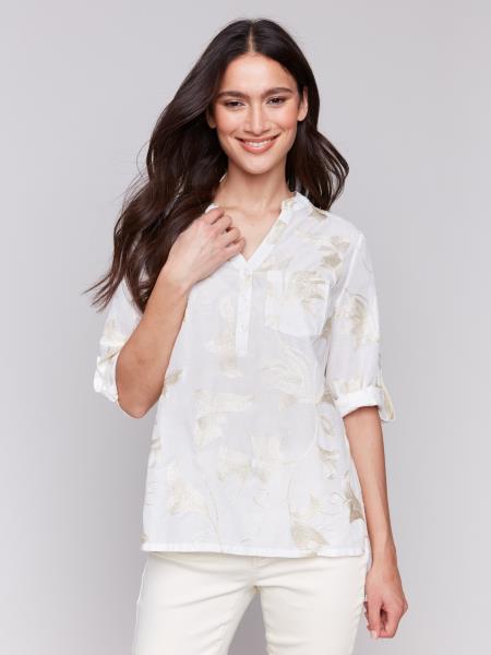 C4188T-222C - Embroidered 3/4 Sleeve blouse-02-Tops/Blouses-Charlie B.-Krista Anne's Boutique, Women's Fashion and Accessories Located in Oklahoma City, OK and Black Mountain, NC