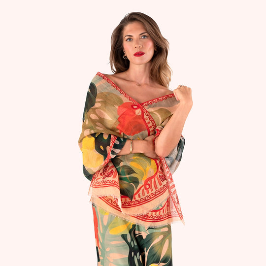 LIN38 - Exotic Leaves Scarf-08-Scarves/Wraps-Powder-Krista Anne's Boutique, Women's Fashion and Accessories Located in Oklahoma City, OK and Black Mountain, NC