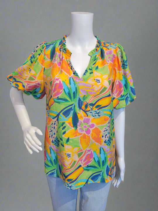 45552 - Tropical Blousen Sleeve Top-02-Tops/Blouses-Aslan Rose-Krista Anne's Boutique, Women's Fashion and Accessories Located in Oklahoma City, OK and Black Mountain, NC