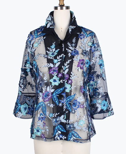 2380-BLU - Floral Embroidery Mesh Jacket-1-Jackets/Blazers-Damee-Krista Anne's Boutique, Women's Fashion and Accessories Located in Oklahoma City, OK