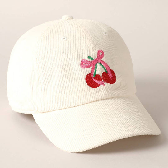 Cherries Ribbon Bow Embroidery Corduroy Cap-09-Accessories-Fashion City-Krista Anne's Boutique, Women's Fashion and Accessories Located in Oklahoma City, OK and Black Mountain, NC