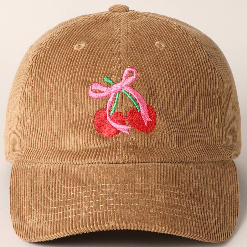 Cherries Ribbon Bow Embroidery Corduroy Cap-09-Accessories-Fashion City-Krista Anne's Boutique, Women's Fashion and Accessories Located in Oklahoma City, OK and Black Mountain, NC