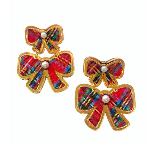 Tartan Double Bow Stud Earrings-10-Jewelry-Bohemian Gemme-Krista Anne's Boutique, Women's Fashion and Accessories Located in Oklahoma City, OK