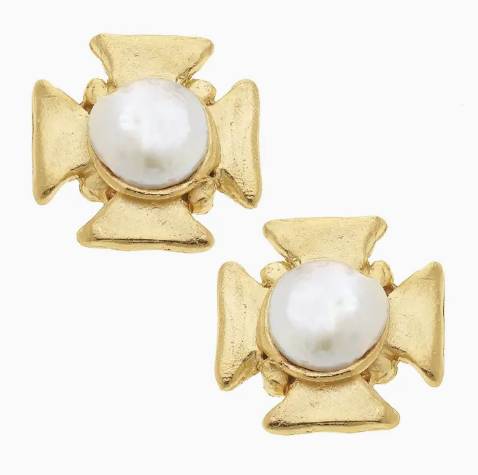 1828w - Maltese Cross Pearl Studs-10-Jewelry-Susan Shaw-Krista Anne's Boutique, Women's Fashion and Accessories Located in Oklahoma City, OK and Black Mountain, NC