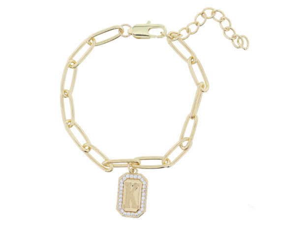 JM6580B - Shiny Gold Paperclip Chain Bracelet w/ Crystal Edged Initial