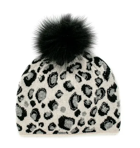 HTIM48 - Crystal Animal Print Hat W/ Fox Pom-09-Accessories-Mitchie's Matchings-Krista Anne's Boutique, Women's Fashion and Accessories Located in Oklahoma City, OK and Black Mountain, NC