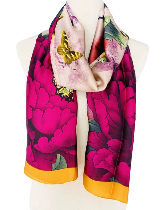JC023324 - Oriental Peonies Satin Scarf-08-Scarves/Wraps-JC Sunny Fashion-Krista Anne's Boutique, Women's Fashion and Accessories Located in Oklahoma City, OK and Black Mountain, NC