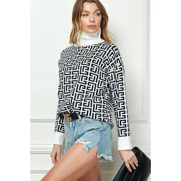 CS5168 - Geo-Print High Neck Sweater-05-Sweaters-Cezele-Krista Anne's Boutique, Women's Fashion and Accessories Located in Oklahoma City, OK and Black Mountain, NC