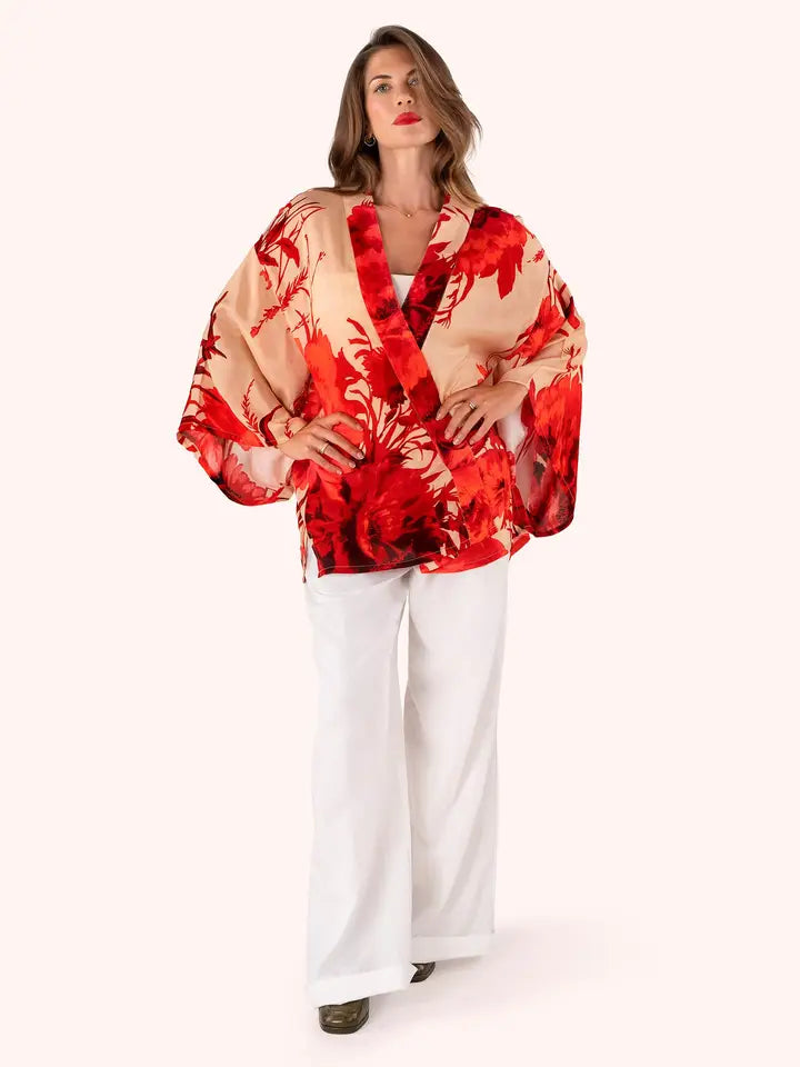 PKJ72 - Rouge Blooms Kimono Jacket-01-Jackets/Blazers-Powder-Krista Anne's Boutique, Women's Fashion and Accessories Located in Oklahoma City, OK and Black Mountain, NC