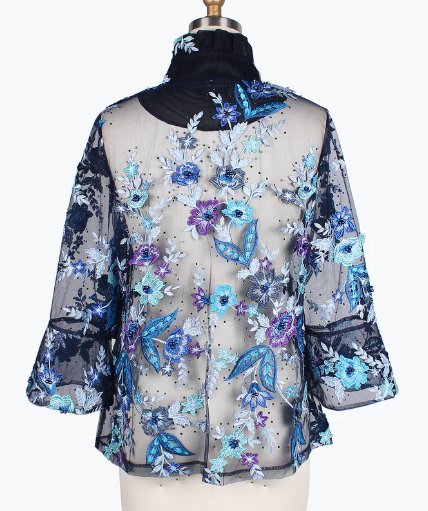 2380-BLU - Floral Embroidery Mesh Jacket-1-Jackets/Blazers-Damee-Krista Anne's Boutique, Women's Fashion and Accessories Located in Oklahoma City, OK