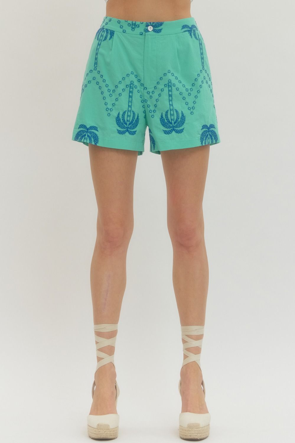 P30766 - Embroidered Palms Shorts-04-Bottoms-Entro-Krista Anne's Boutique, Women's Fashion and Accessories Located in Oklahoma City, OK and Black Mountain, NC