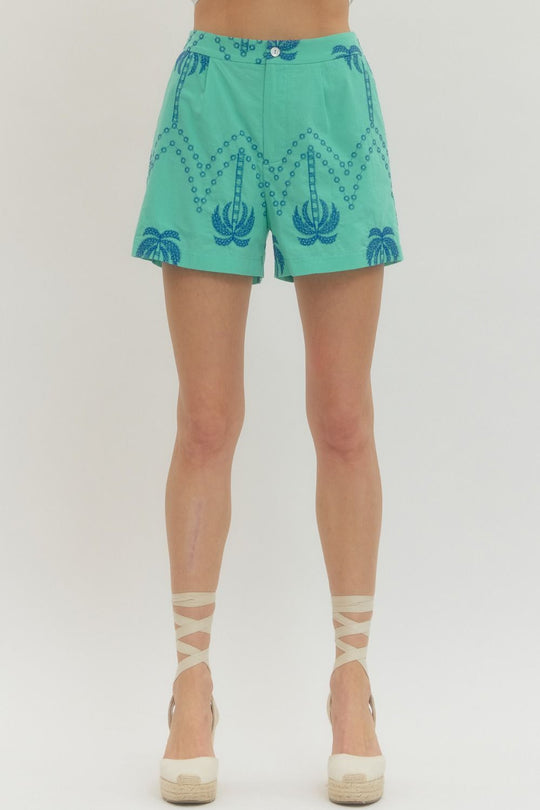 P30766 - Embroidered Palms Shorts-04-Bottoms-Entro-Krista Anne's Boutique, Women's Fashion and Accessories Located in Oklahoma City, OK and Black Mountain, NC