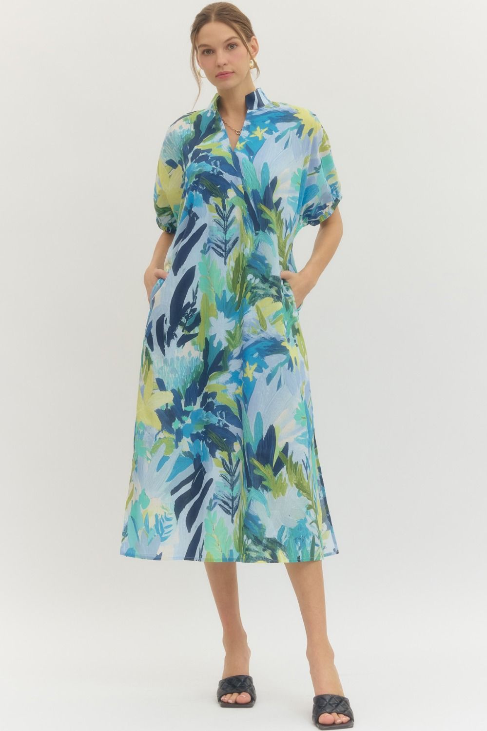 D29378 - Palm Print Midi Dress-06-Dresses/Jumpsuits-Entro-Krista Anne's Boutique, Women's Fashion and Accessories Located in Oklahoma City, OK and Black Mountain, NC