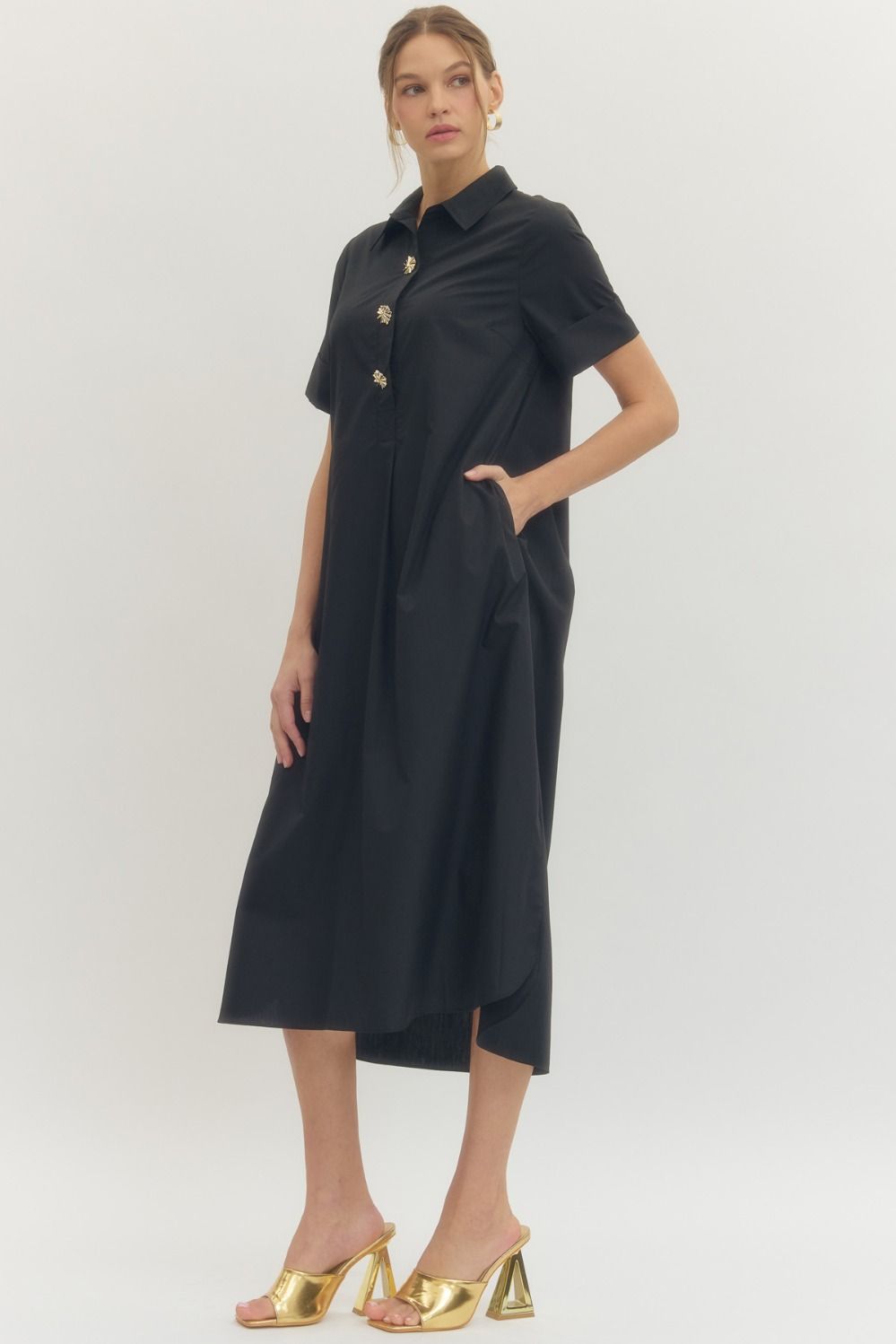 D29516 - Triple Gold Button Dress-06-Dresses/Jumpsuits-Entro-Krista Anne's Boutique, Women's Fashion and Accessories Located in Oklahoma City, OK and Black Mountain, NC