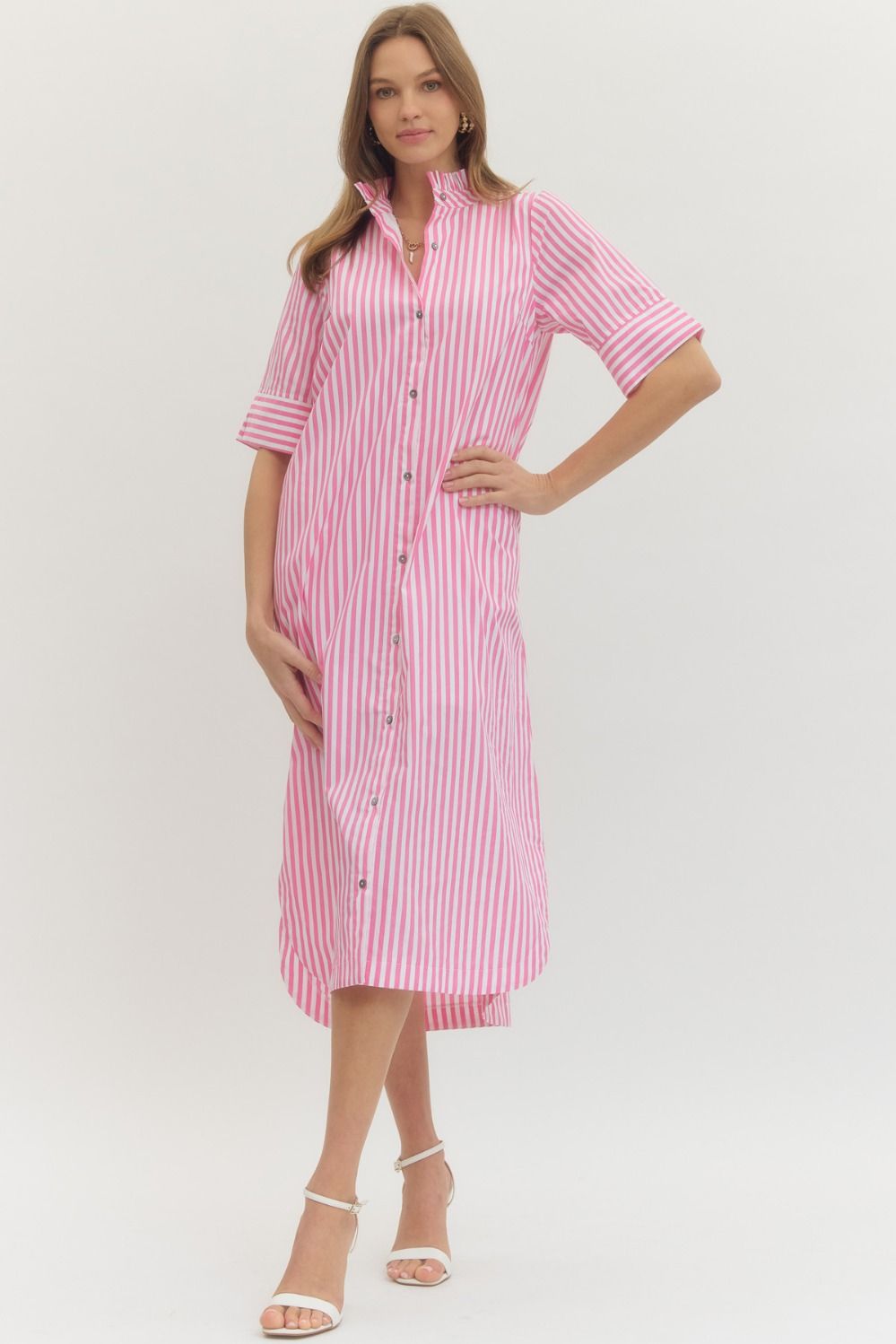 D29560 - Striped Button Front Midi Dress-06-Dresses/Jumpsuits-Entro-Krista Anne's Boutique, Women's Fashion and Accessories Located in Oklahoma City, OK and Black Mountain, NC