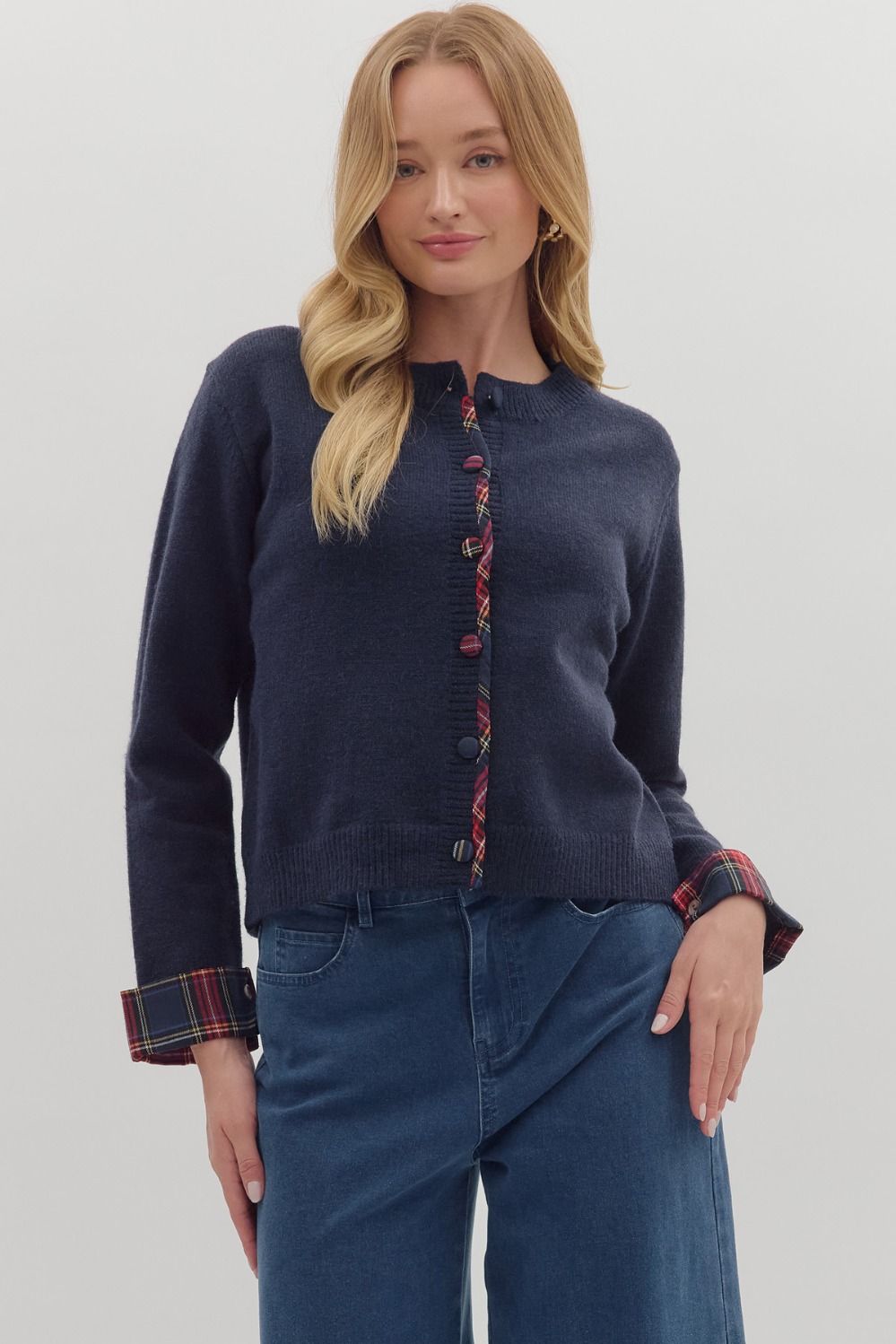 J28545 - Button Front Sweater with Plaid Trim-05-Sweaters-Aslan Rose-Krista Anne's Boutique, Women's Fashion and Accessories Located in Oklahoma City, OK and Black Mountain, NC