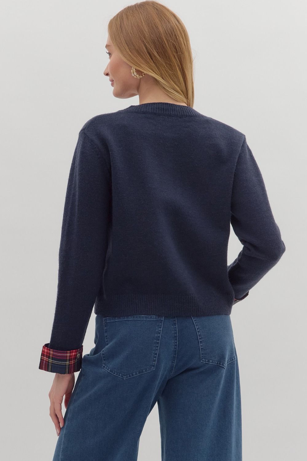 J28545 - Button Front Sweater with Plaid Trim-05-Sweaters-Aslan Rose-Krista Anne's Boutique, Women's Fashion and Accessories Located in Oklahoma City, OK and Black Mountain, NC