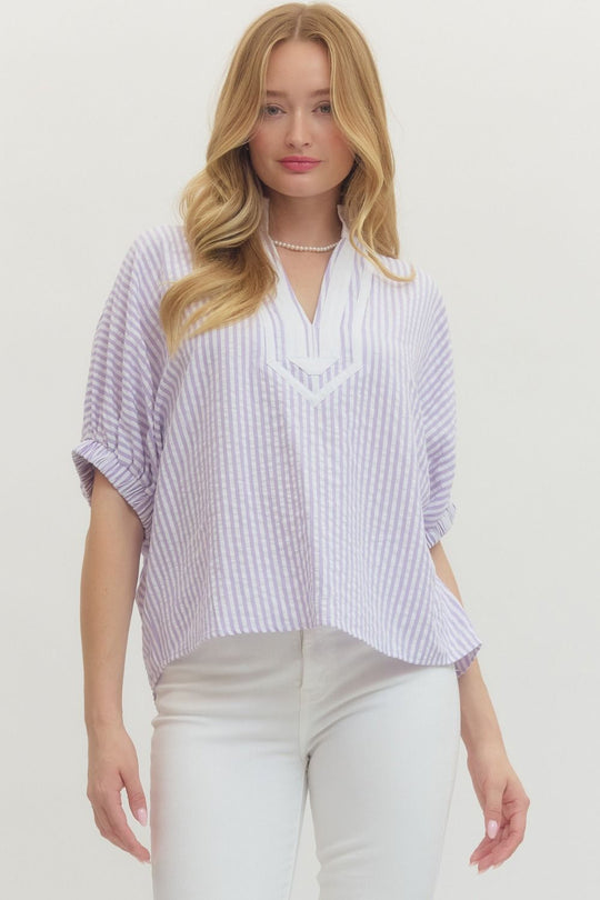 T27620 - Striped Drop Shoulder Blouse-03-Tees/Tanks-Entro-Krista Anne's Boutique, Women's Fashion and Accessories Located in Oklahoma City, OK and Black Mountain, NC