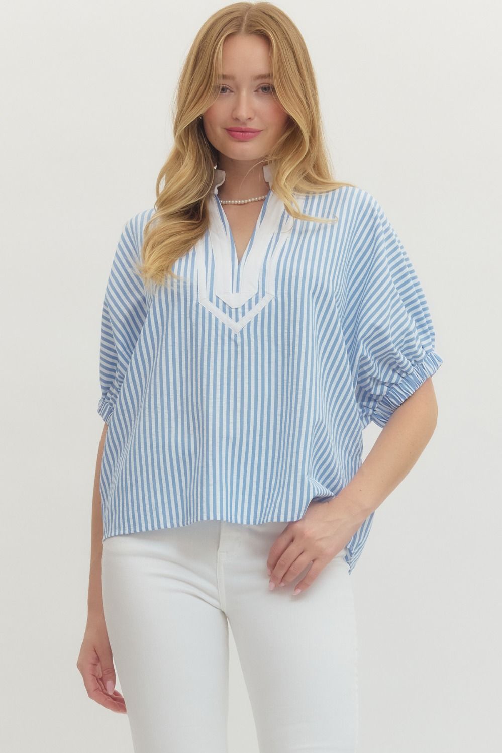T27620 - Striped Drop Shoulder Blouse-03-Tees/Tanks-Entro-Krista Anne's Boutique, Women's Fashion and Accessories Located in Oklahoma City, OK and Black Mountain, NC
