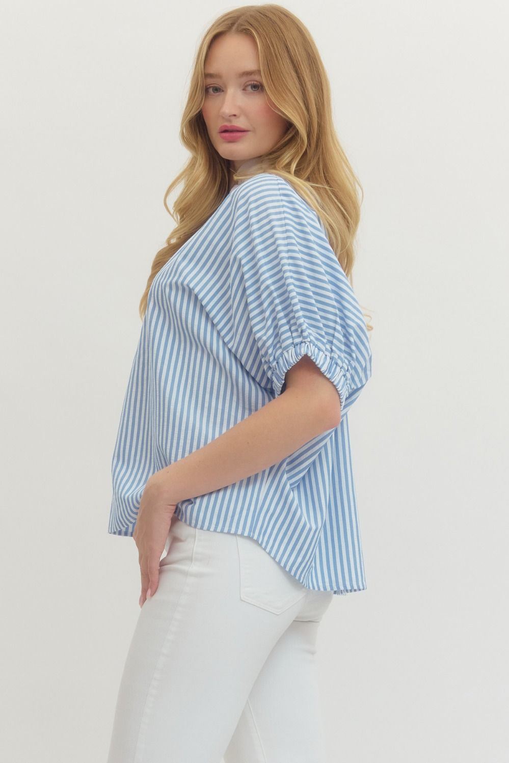 T27620 - Striped Drop Shoulder Blouse-03-Tees/Tanks-Entro-Krista Anne's Boutique, Women's Fashion and Accessories Located in Oklahoma City, OK and Black Mountain, NC