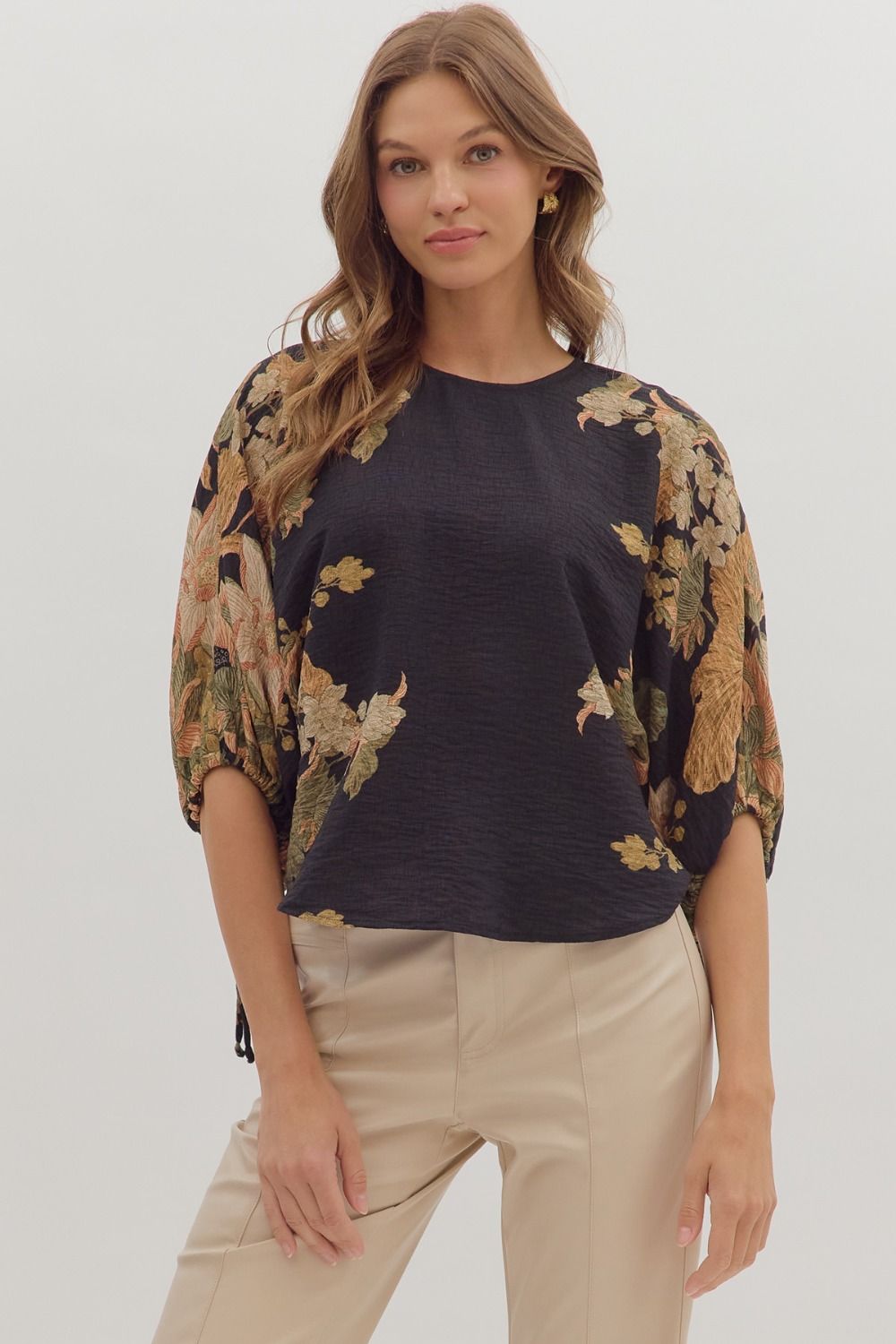 T28544 - Floral Drop Sleeve Blouse-02-Tops/Blouses-Aslan Rose-Krista Anne's Boutique, Women's Fashion and Accessories Located in Oklahoma City, OK and Black Mountain, NC