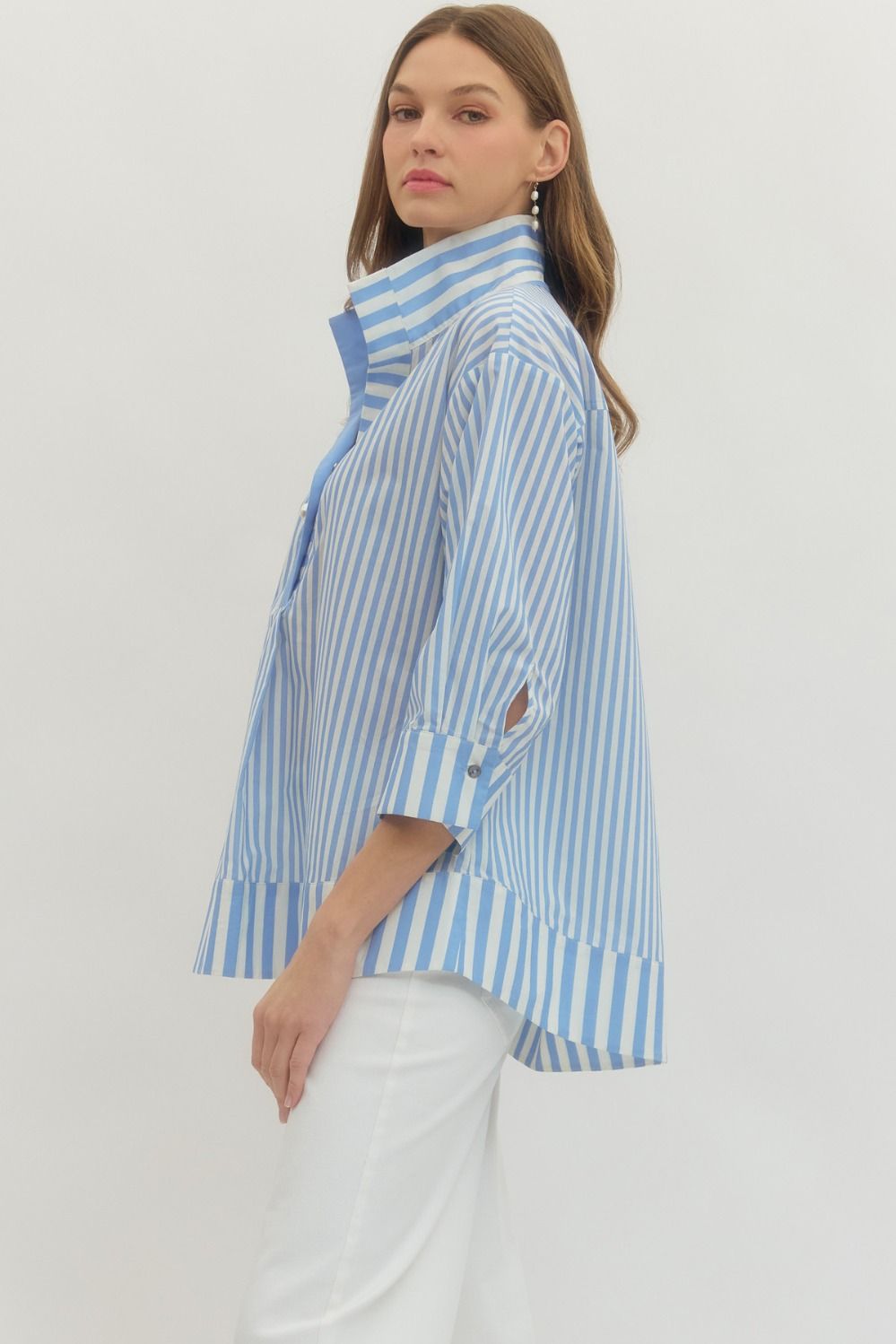 T28659 - Pearl Button Striped Blouse-02-Tops/Blouses-Entro-Krista Anne's Boutique, Women's Fashion and Accessories Located in Oklahoma City, OK and Black Mountain, NC