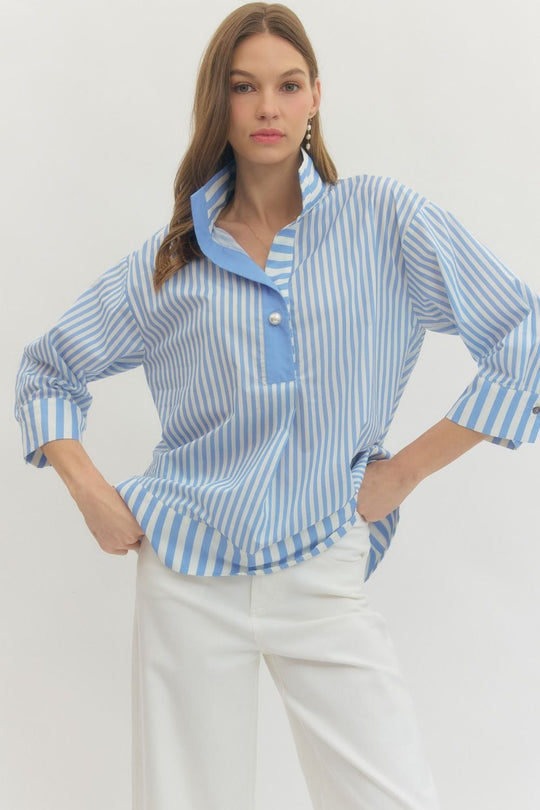 T28659 - Pearl Button Striped Blouse-02-Tops/Blouses-Entro-Krista Anne's Boutique, Women's Fashion and Accessories Located in Oklahoma City, OK and Black Mountain, NC