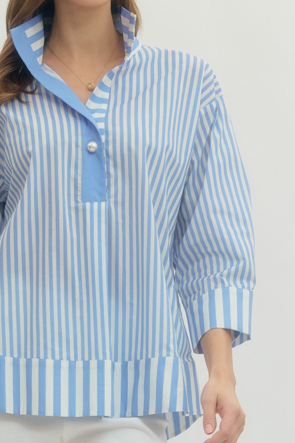 T28659 - Pearl Button Striped Blouse-02-Tops/Blouses-Entro-Krista Anne's Boutique, Women's Fashion and Accessories Located in Oklahoma City, OK and Black Mountain, NC