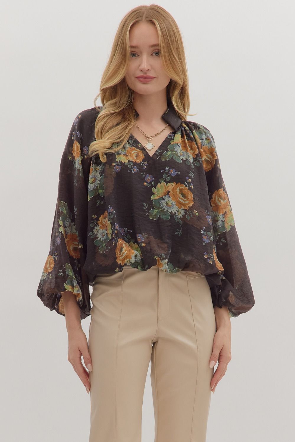 T29059 - Floral Print Balloon Sleeve Top-02-Tops/Blouses-Aslan Rose-Krista Anne's Boutique, Women's Fashion and Accessories Located in Oklahoma City, OK and Black Mountain, NC