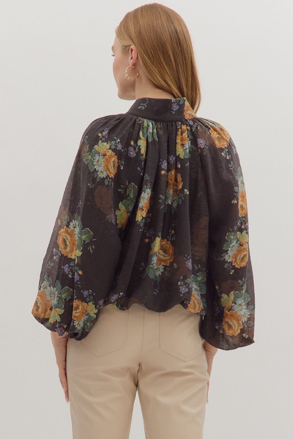 T29059 - Floral Print Balloon Sleeve Top-02-Tops/Blouses-Aslan Rose-Krista Anne's Boutique, Women's Fashion and Accessories Located in Oklahoma City, OK and Black Mountain, NC