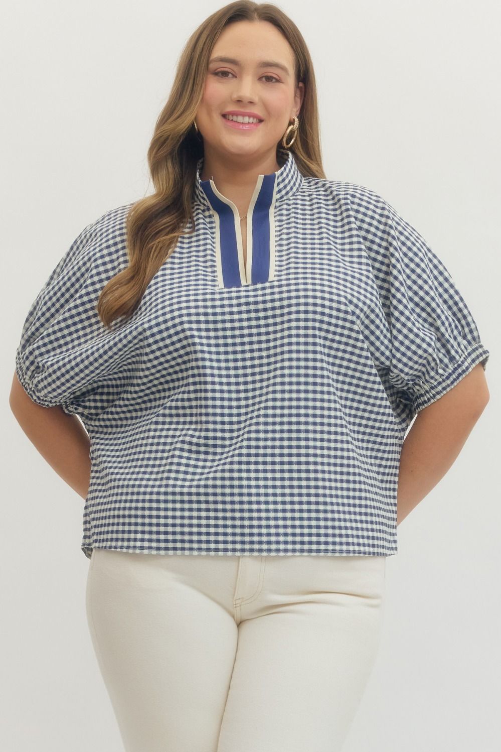 T29374 - Gingham Half Sleeve Top-02-Tops/Blouses-Entro-Krista Anne's Boutique, Women's Fashion and Accessories Located in Oklahoma City, OK and Black Mountain, NC