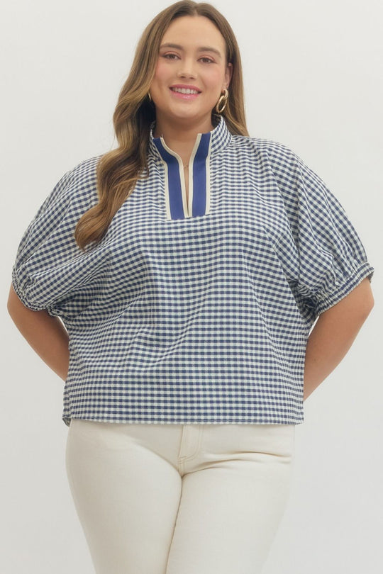 T29374 - Gingham Half Sleeve Top-02-Tops/Blouses-Entro-Krista Anne's Boutique, Women's Fashion and Accessories Located in Oklahoma City, OK and Black Mountain, NC