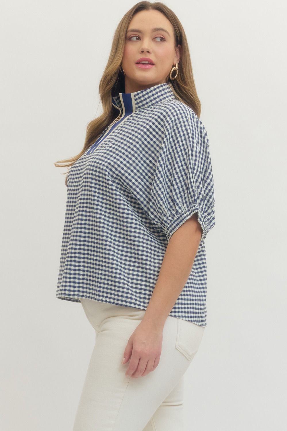 T29374 - Gingham Half Sleeve Top-02-Tops/Blouses-Entro-Krista Anne's Boutique, Women's Fashion and Accessories Located in Oklahoma City, OK and Black Mountain, NC