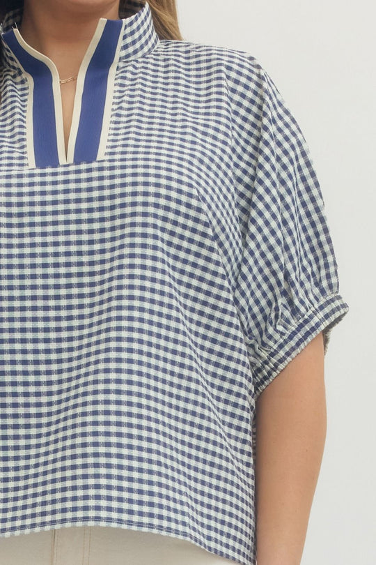 T29374 - Gingham Half Sleeve Top-02-Tops/Blouses-Entro-Krista Anne's Boutique, Women's Fashion and Accessories Located in Oklahoma City, OK and Black Mountain, NC