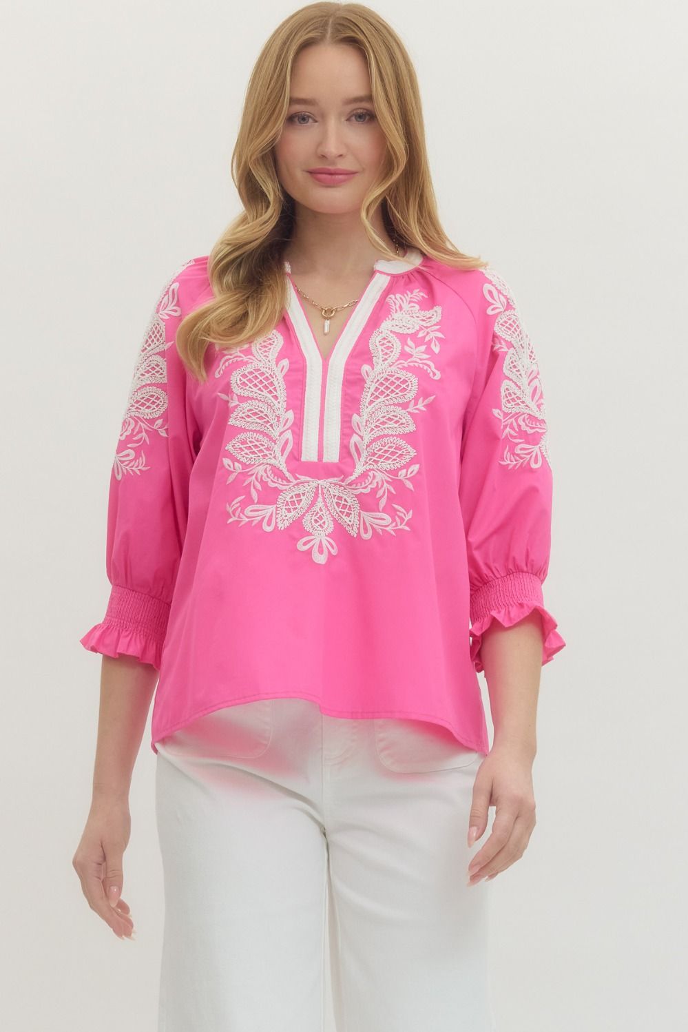 T29442 - Embroidered V-Neck Blouse-02-Tops/Blouses-Entro-Krista Anne's Boutique, Women's Fashion and Accessories Located in Oklahoma City, OK and Black Mountain, NC