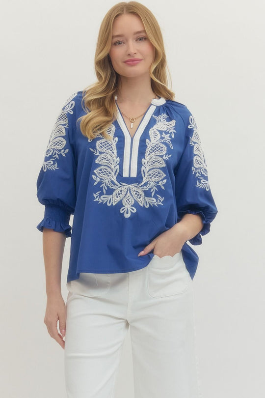 T29442 - Embroidered V-Neck Blouse-02-Tops/Blouses-Entro-Krista Anne's Boutique, Women's Fashion and Accessories Located in Oklahoma City, OK and Black Mountain, NC