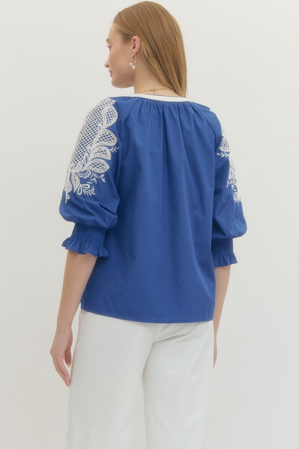T29442 - Embroidered V-Neck Blouse-02-Tops/Blouses-Entro-Krista Anne's Boutique, Women's Fashion and Accessories Located in Oklahoma City, OK and Black Mountain, NC