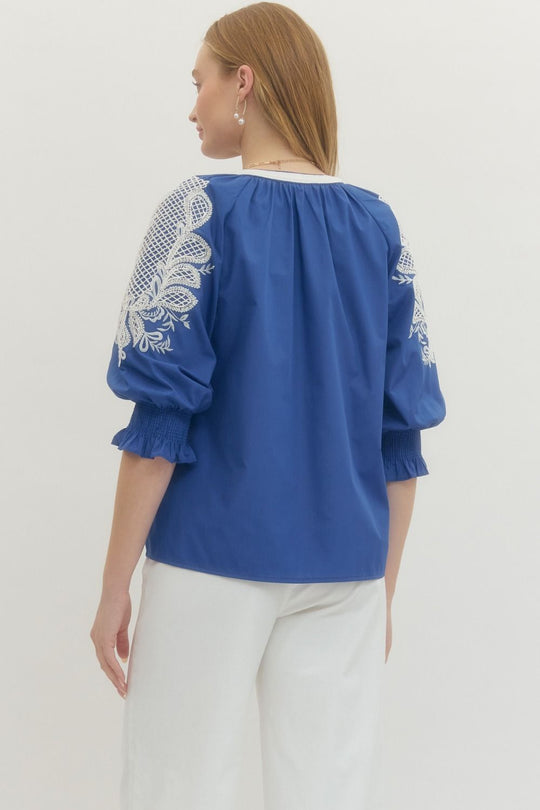 T29442 - Embroidered V-Neck Blouse-02-Tops/Blouses-Entro-Krista Anne's Boutique, Women's Fashion and Accessories Located in Oklahoma City, OK and Black Mountain, NC
