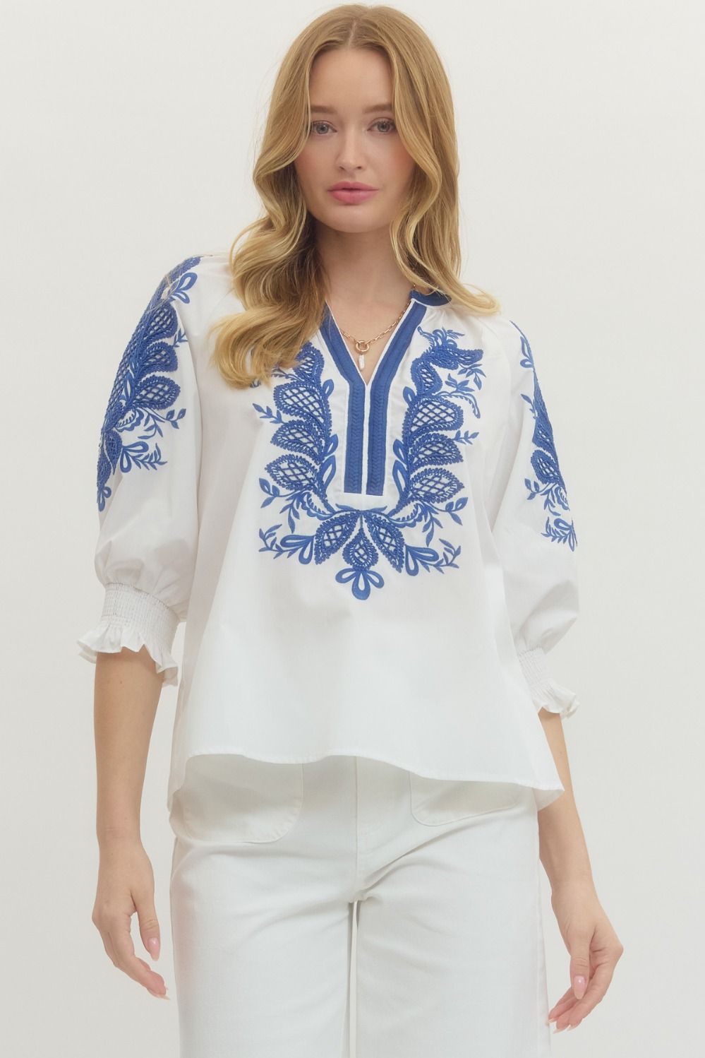 T29442 - Embroidered V-Neck Blouse-02-Tops/Blouses-Entro-Krista Anne's Boutique, Women's Fashion and Accessories Located in Oklahoma City, OK and Black Mountain, NC