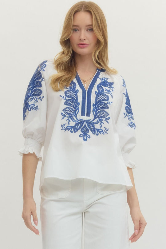 T29442 - Embroidered V-Neck Blouse-02-Tops/Blouses-Entro-Krista Anne's Boutique, Women's Fashion and Accessories Located in Oklahoma City, OK and Black Mountain, NC