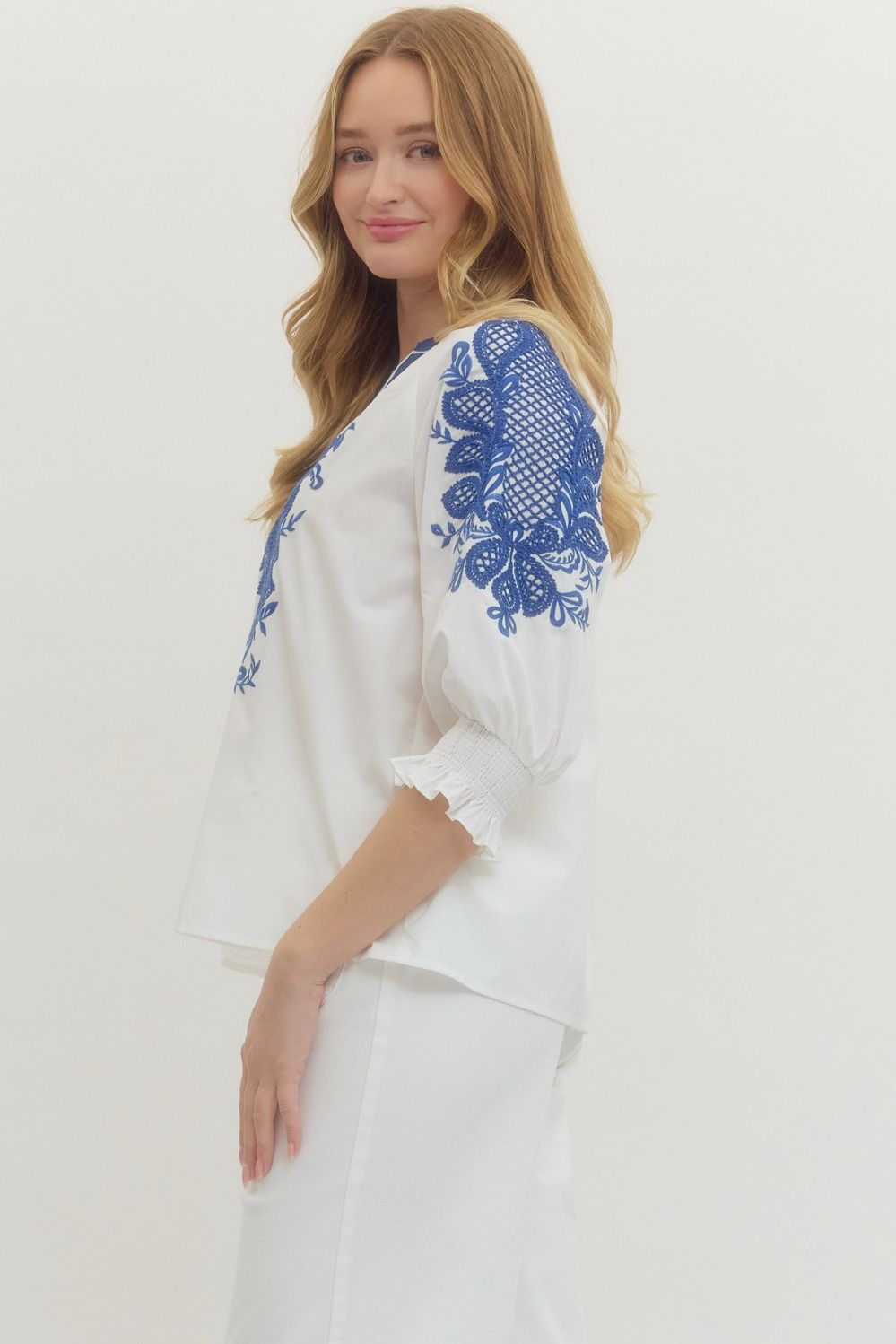 T29442 - Embroidered V-Neck Blouse-02-Tops/Blouses-Entro-Krista Anne's Boutique, Women's Fashion and Accessories Located in Oklahoma City, OK and Black Mountain, NC