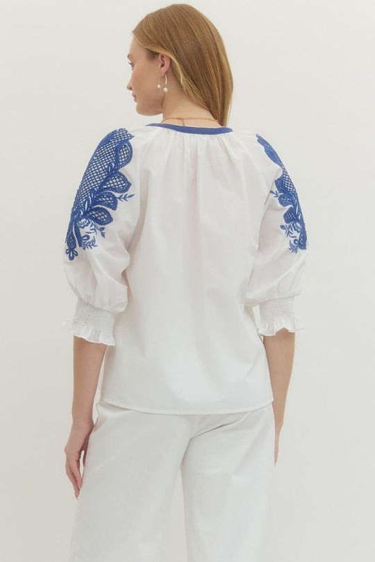 T29442 - Embroidered V-Neck Blouse-02-Tops/Blouses-Entro-Krista Anne's Boutique, Women's Fashion and Accessories Located in Oklahoma City, OK and Black Mountain, NC