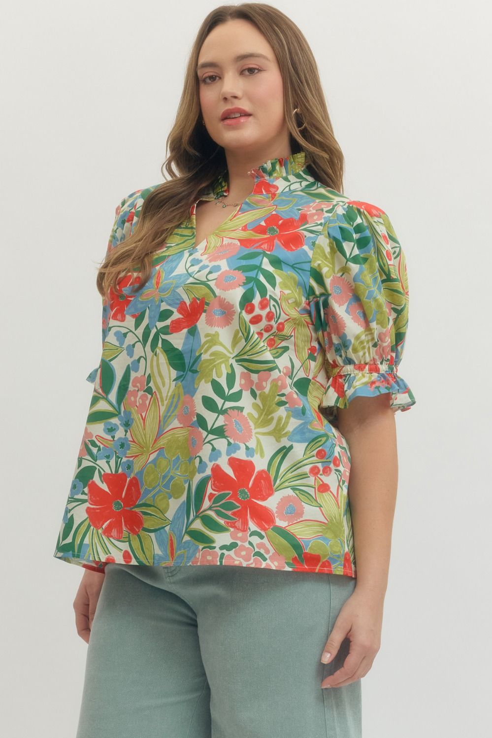 T29545 - Floral Ruffle Sleeve Top-02-Tops/Blouses-Entro-Krista Anne's Boutique, Women's Fashion and Accessories Located in Oklahoma City, OK and Black Mountain, NC