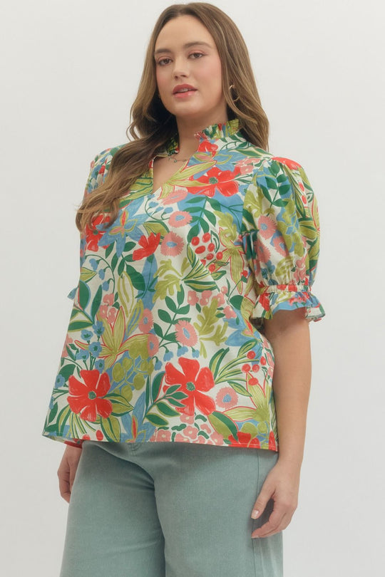 T29545 - Floral Ruffle Sleeve Top-02-Tops/Blouses-Entro-Krista Anne's Boutique, Women's Fashion and Accessories Located in Oklahoma City, OK and Black Mountain, NC