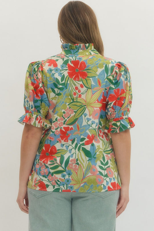 T29545 - Floral Ruffle Sleeve Top-02-Tops/Blouses-Entro-Krista Anne's Boutique, Women's Fashion and Accessories Located in Oklahoma City, OK and Black Mountain, NC