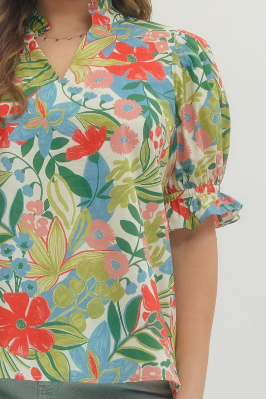 T29545 - Floral Ruffle Sleeve Top-02-Tops/Blouses-Entro-Krista Anne's Boutique, Women's Fashion and Accessories Located in Oklahoma City, OK and Black Mountain, NC