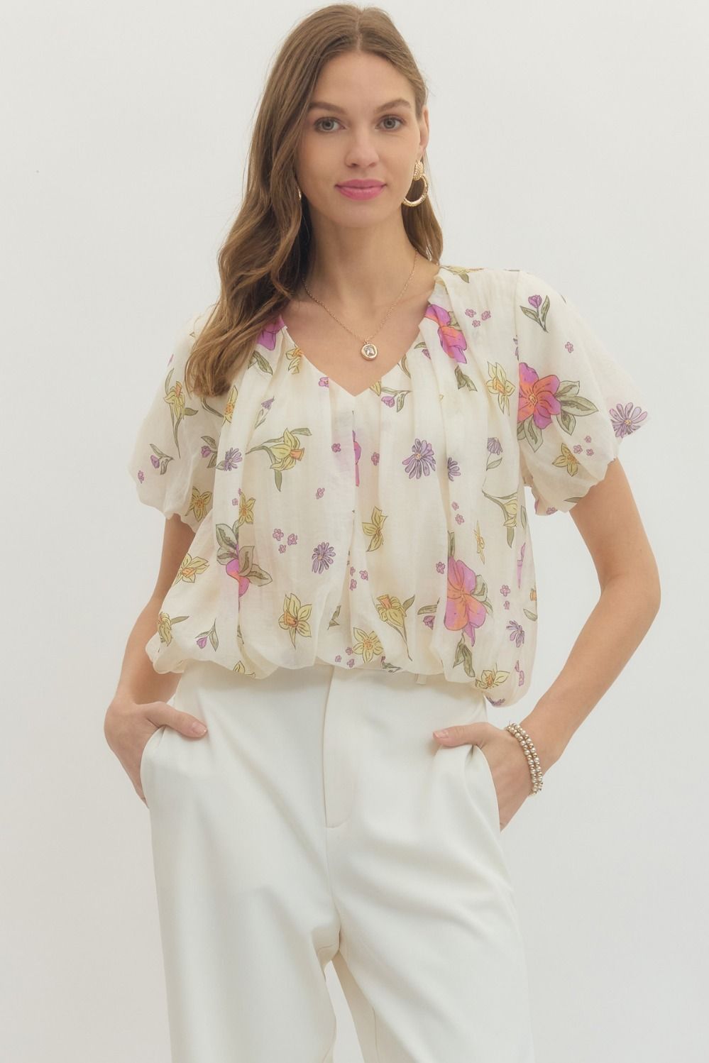 T29603 - Floral Flounce Blouse-02-Tops/Blouses-Entro-Krista Anne's Boutique, Women's Fashion and Accessories Located in Oklahoma City, OK and Black Mountain, NC
