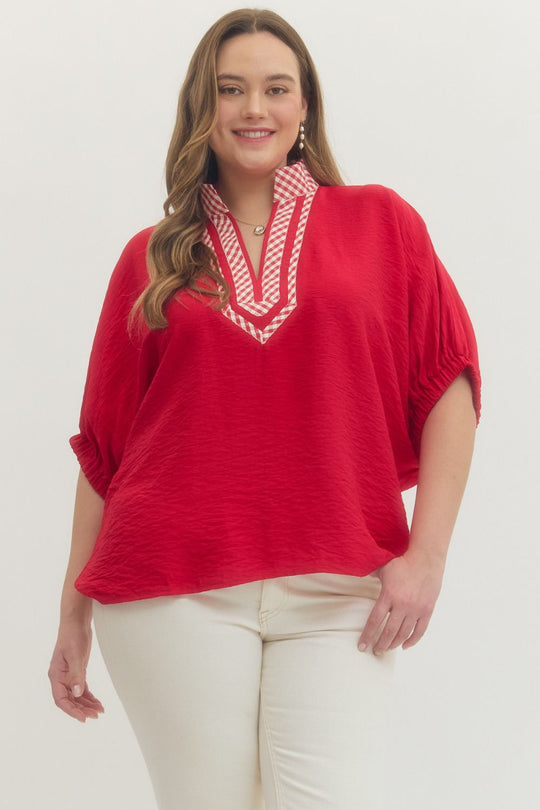 T29696 - Gingham Trim Top-02-Tops/Blouses-Entro-Krista Anne's Boutique, Women's Fashion and Accessories Located in Oklahoma City, OK and Black Mountain, NC