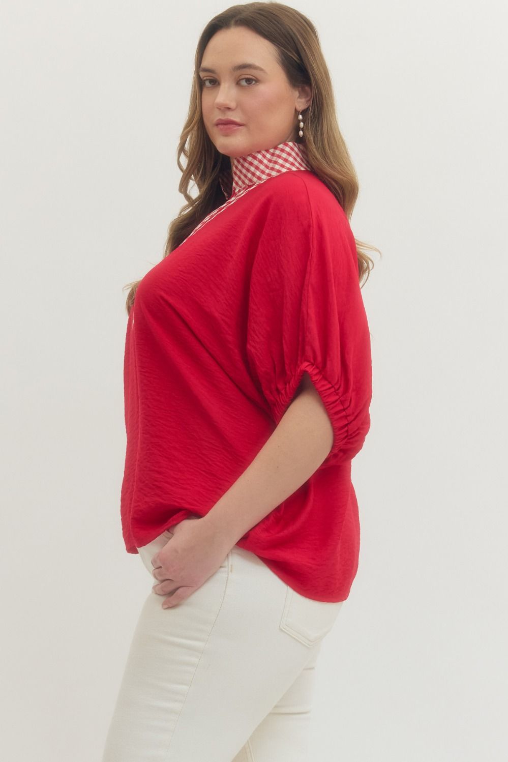 T29696 - Gingham Trim Top-02-Tops/Blouses-Entro-Krista Anne's Boutique, Women's Fashion and Accessories Located in Oklahoma City, OK and Black Mountain, NC