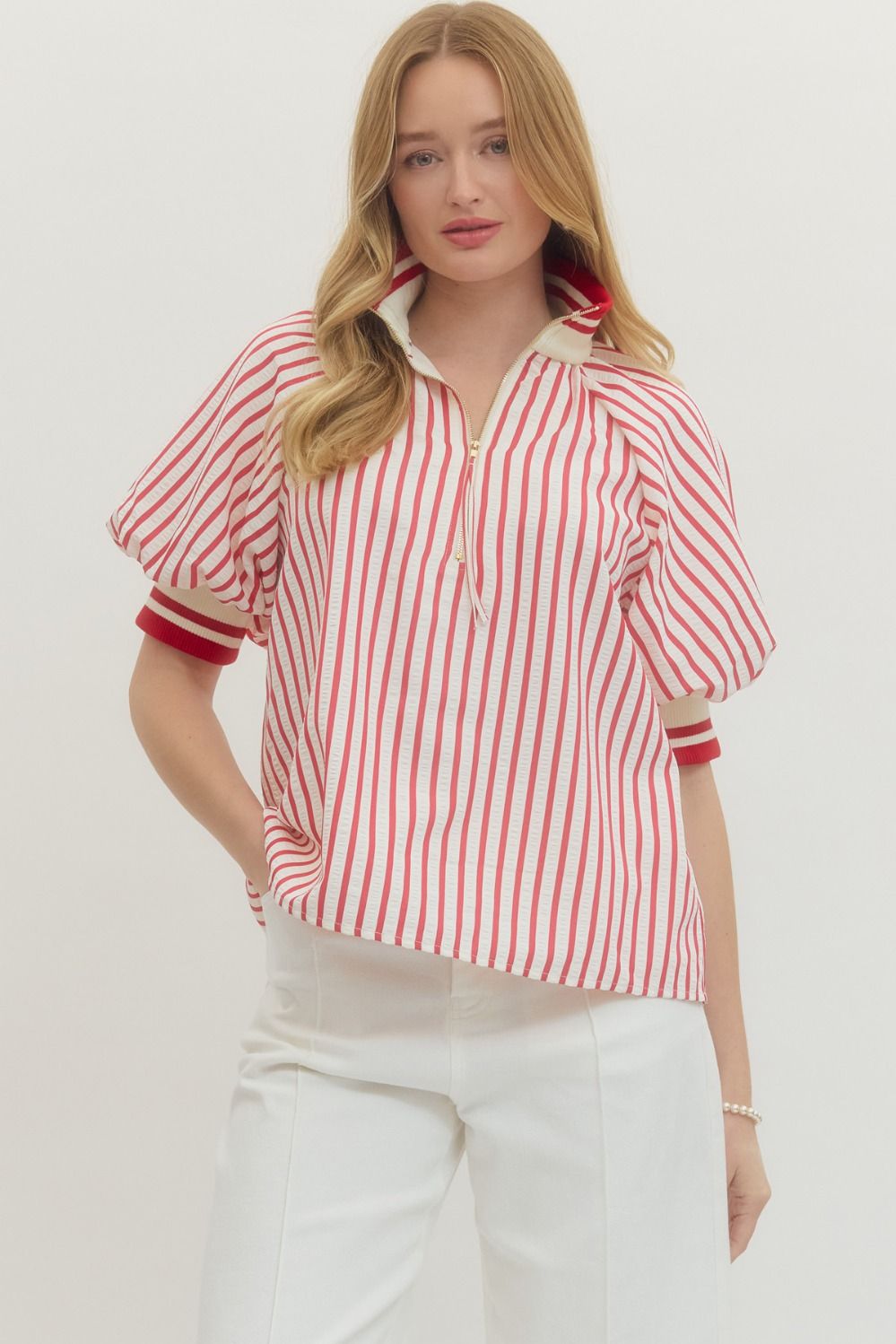 T29705 - Quarter Zip Striped Top-03-Tees/Tanks-Entro-Krista Anne's Boutique, Women's Fashion and Accessories Located in Oklahoma City, OK and Black Mountain, NC